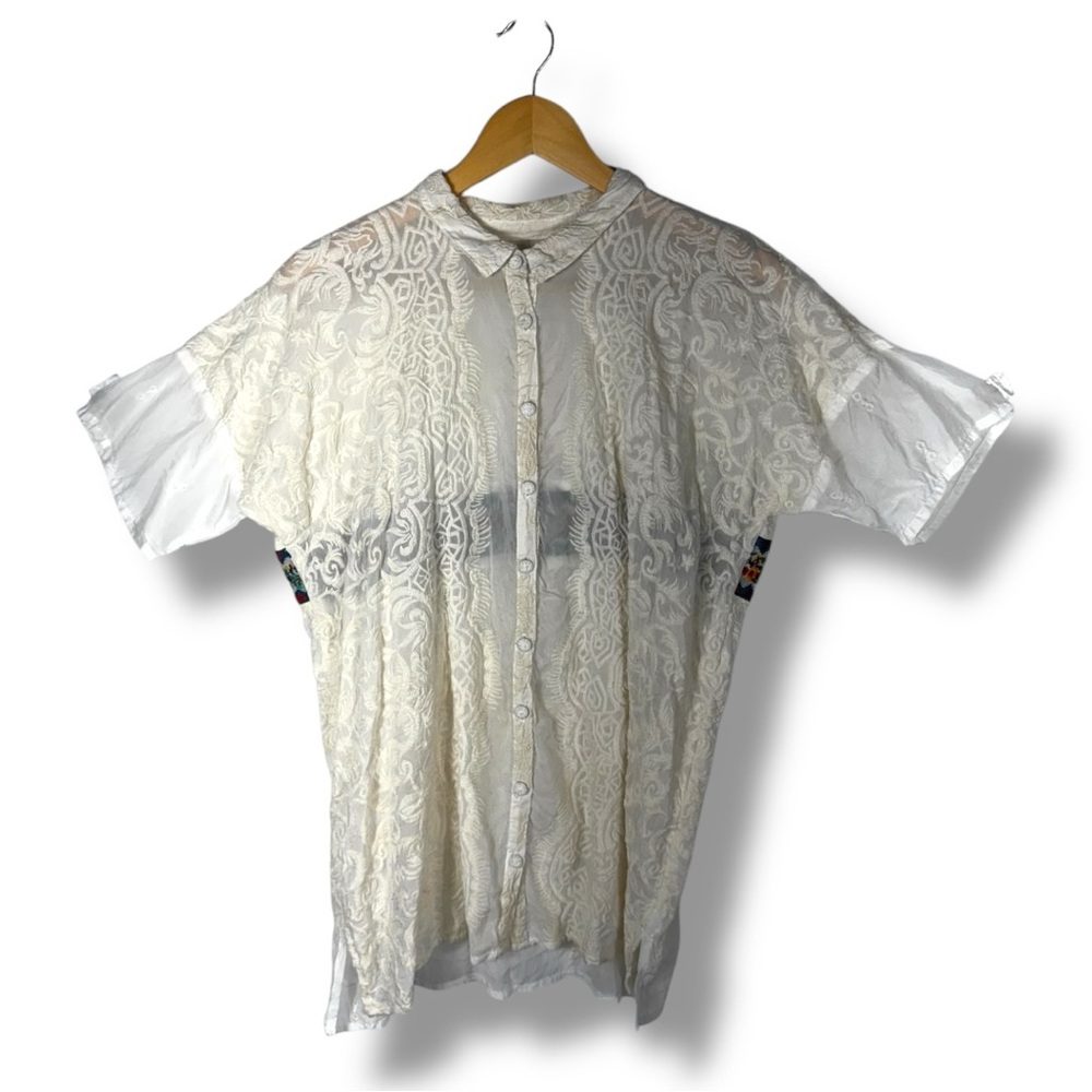 Johnny Was Tonal & Contrast Embroidered Button Front Top, Cream Multi, Size L